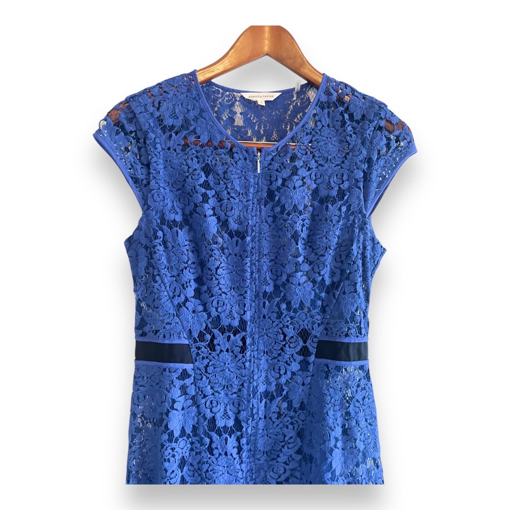 Rebecca Taylor Blue Floral Lace Cap Sleeve Fit & Flare Dress Size 2 Zip Front - Picture 2 of 5